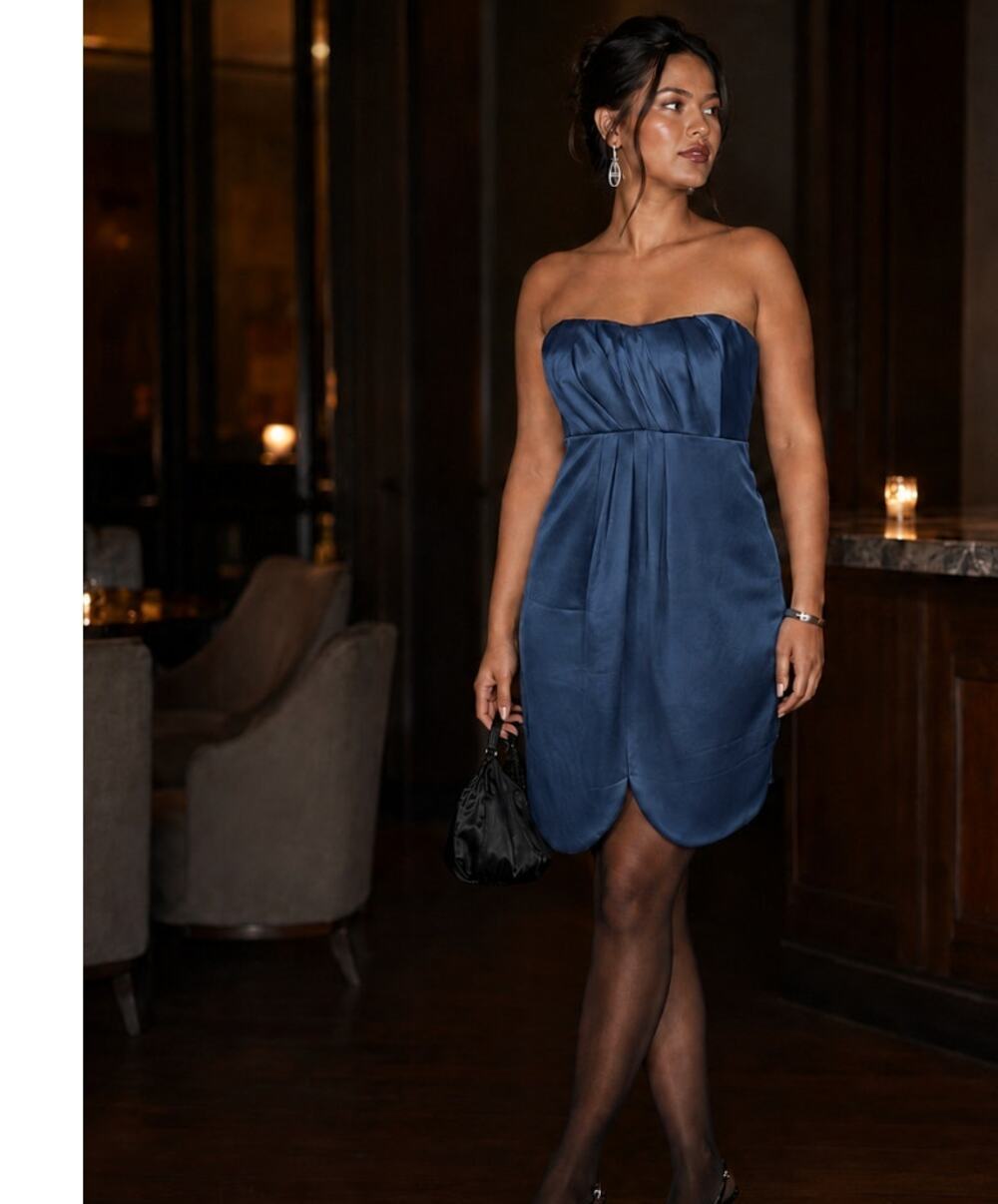 Vineyard Collection Navy Satin Strapless Cocktail Dress Size 8 Pleated Tulip